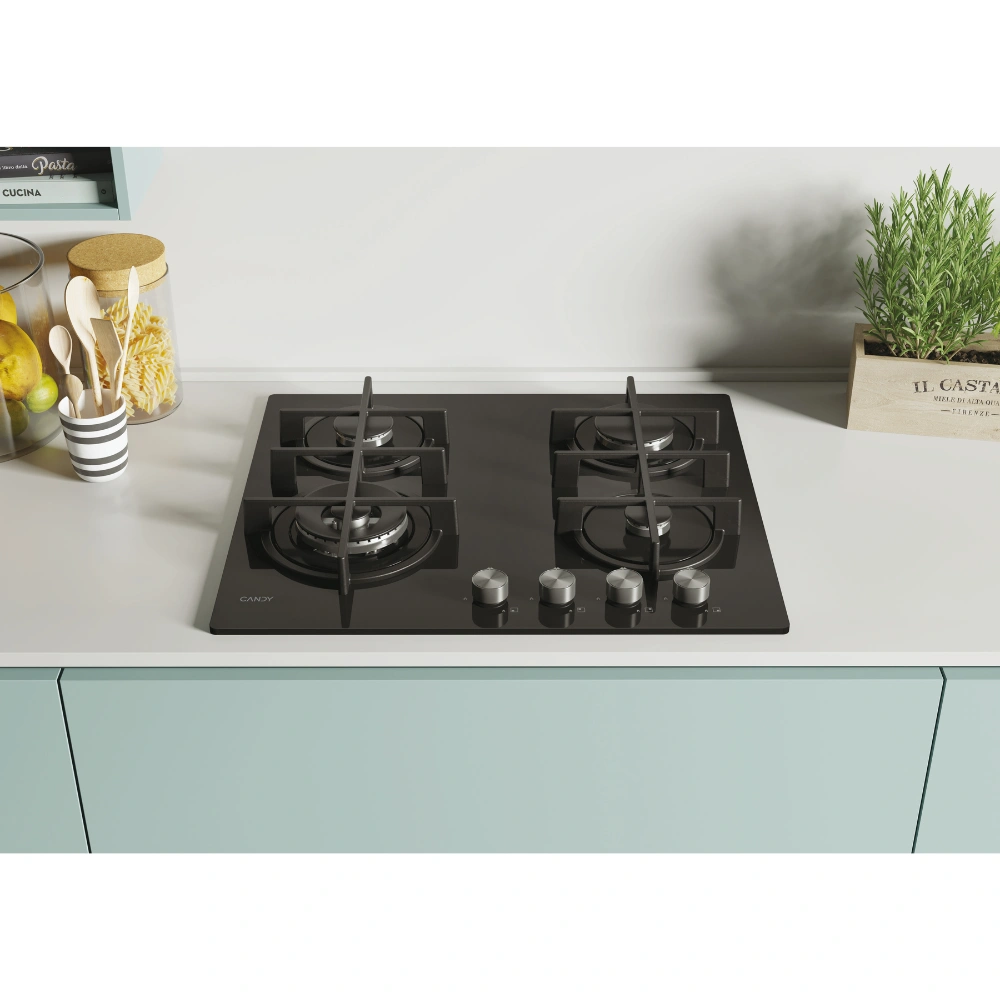 Table de cuisson CANDY/04 Feux /Wok/Thermocouple/Commande frontale /Fonte/Black Glass CDK6GF4WEKB